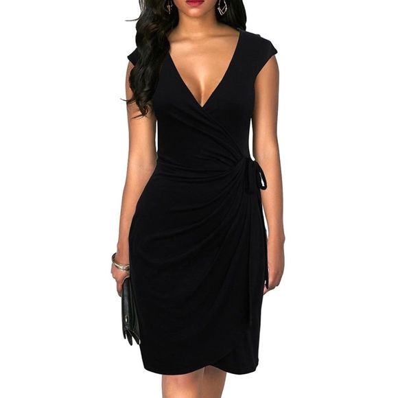 Amazon Dresses & Skirts - NWT BERYDRESS | Vintage V-Neck Sheath Casual Party Black Wrap Dress Size XL